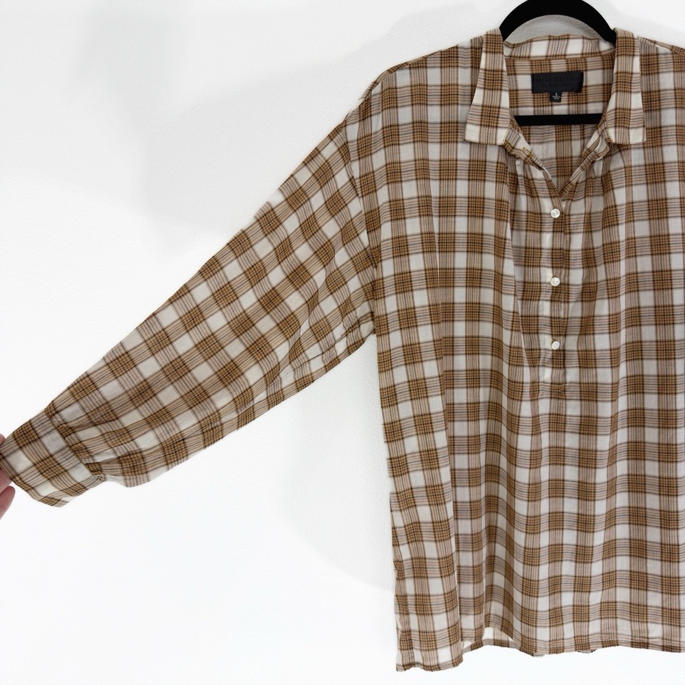 Nili Lotan Top Womens Large Brown Plaid Boho Cottagecore Breathable 100% Cotton - Picture 3 of 9